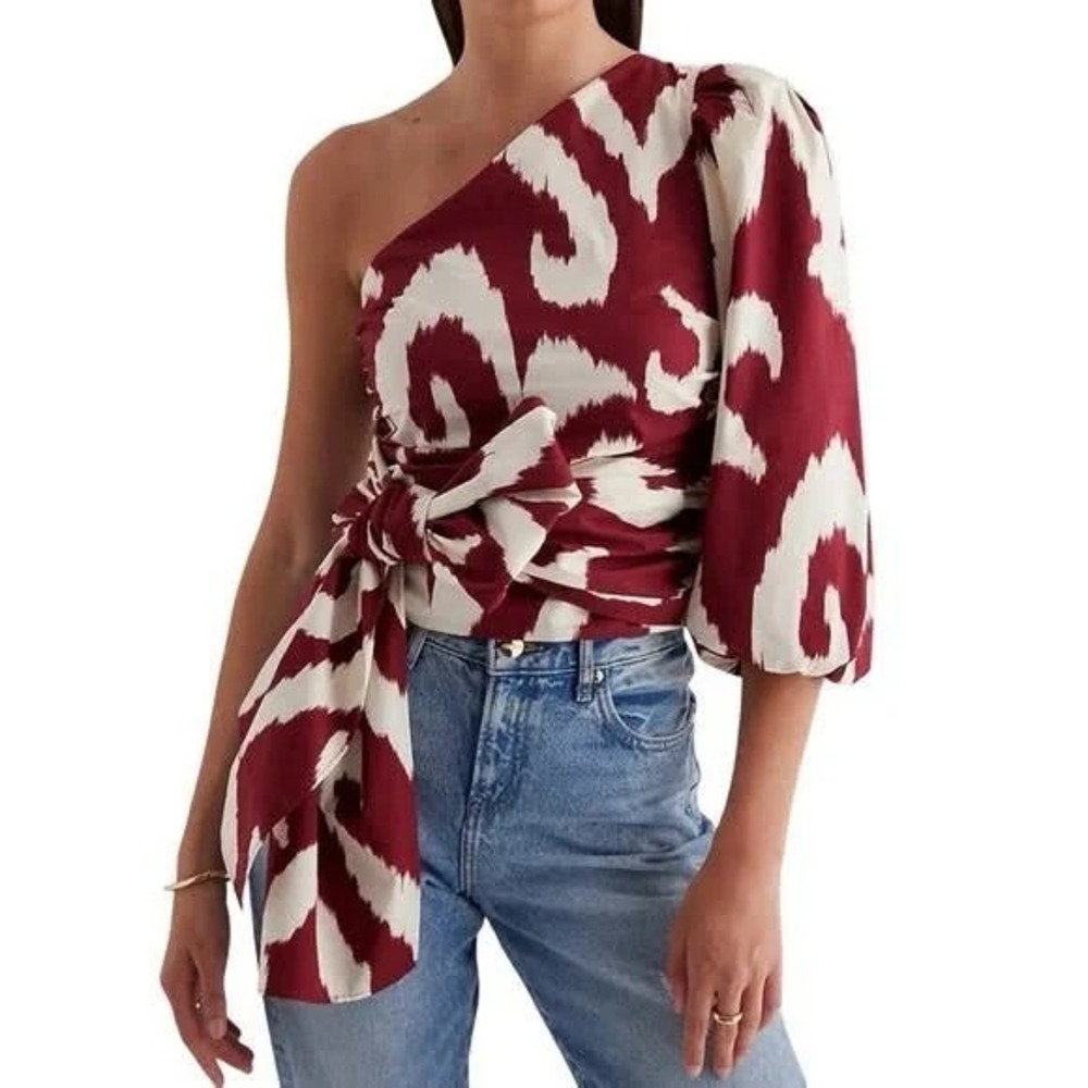 Express Tie Waist Blouse Womens L Burgundy Ivory Cotton One Shoulde Puff Sleeve